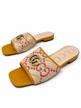 Gucci GG Raffia Flat Slide Sandals Womens Size EU 38